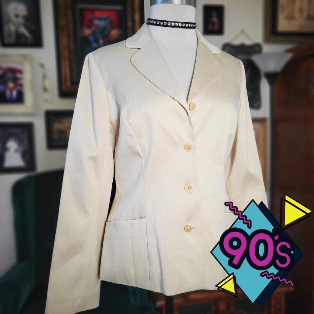BCBG Max Azria Blazer Jacket Vintage 90s Cream Tan Microfiber Sample Womens 10